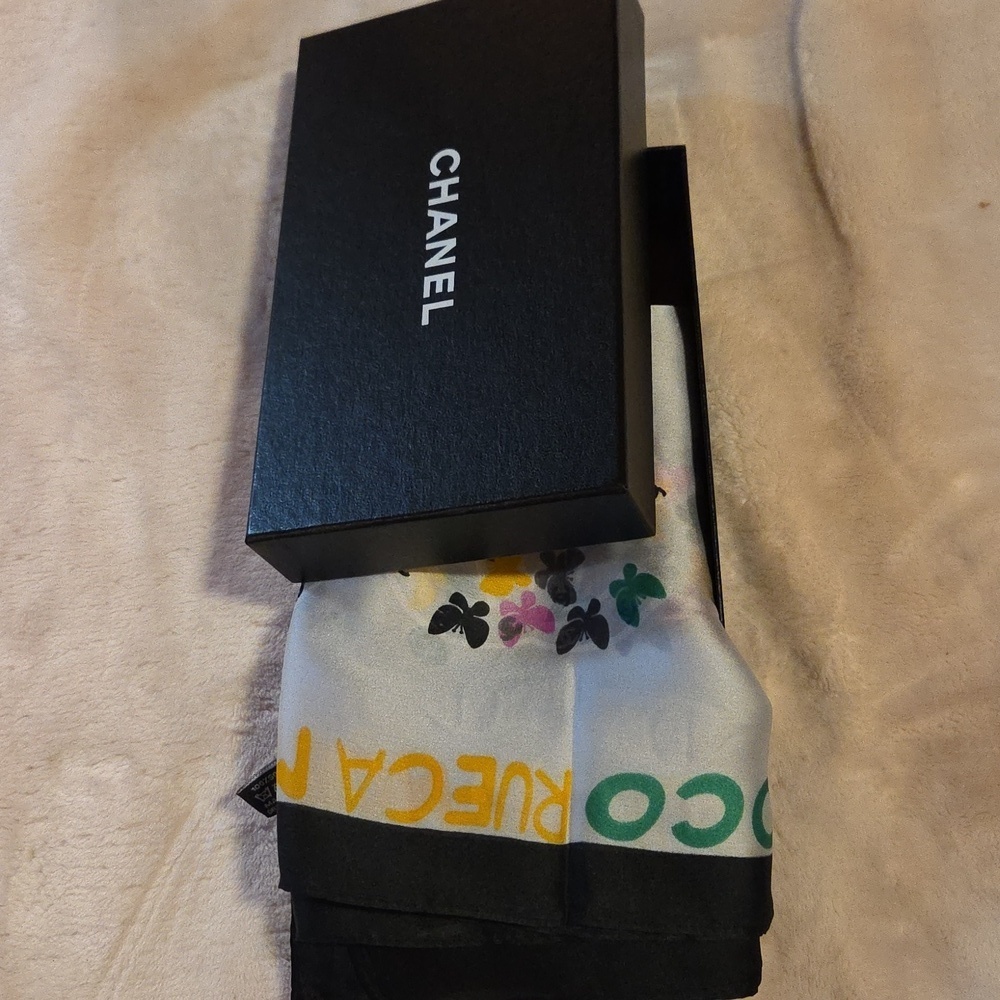 Chanel Coco RueCambon Cream Silk Scarf with Multicolor Logo Pattern - Picture 6 of 6